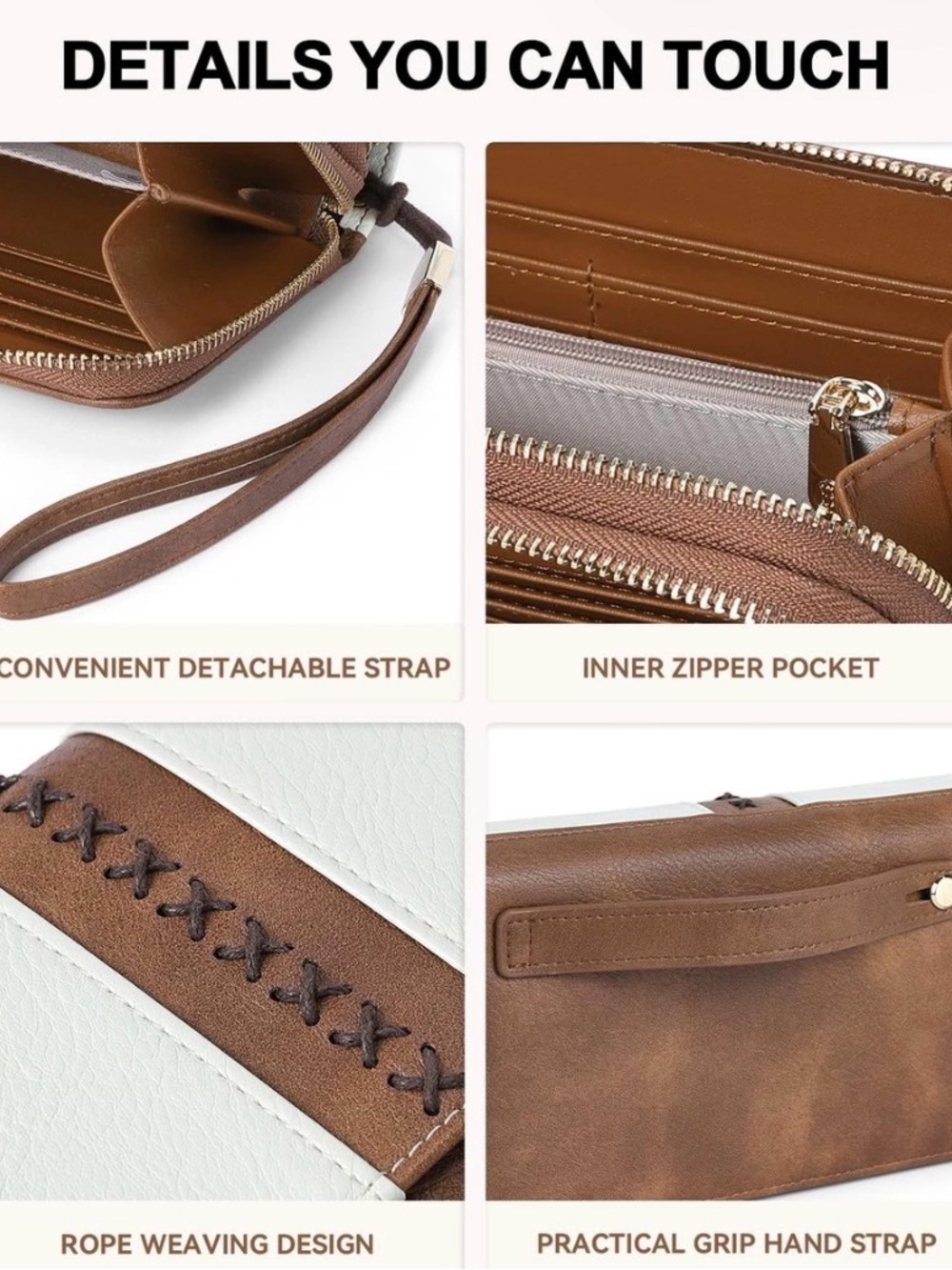 Bostanen RFID White and Brown double zip Full Capacity Wristlet Wallet - Picture 3 of 16